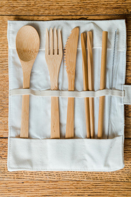 Bamboo Cutlery Travel Set with Pouch – Natural Linen